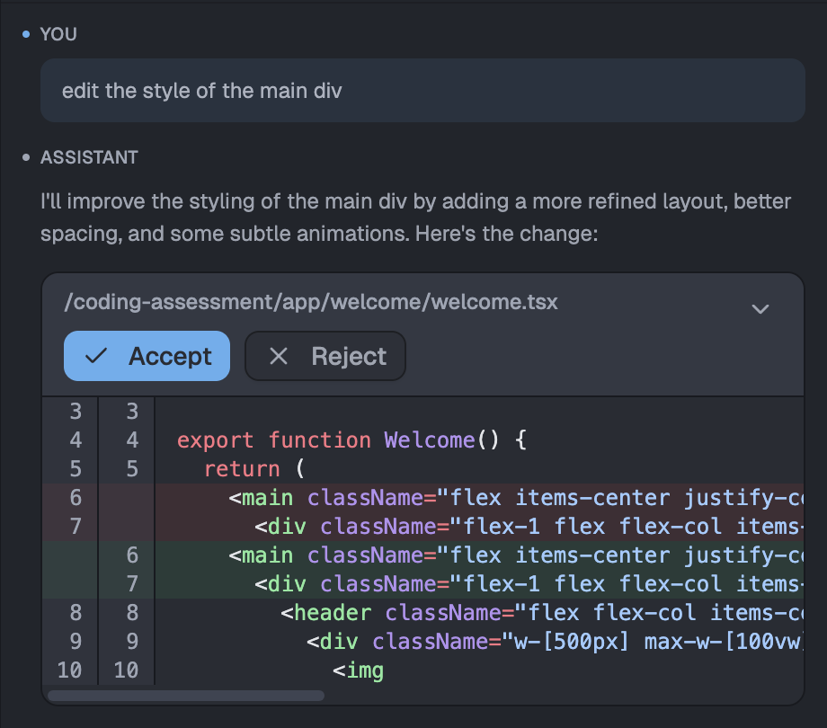 AI suggesting file changes via diff viewer